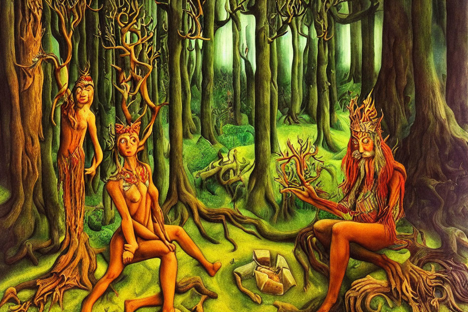 Fantasy forest scene with old man and tree-like women in mystical setting