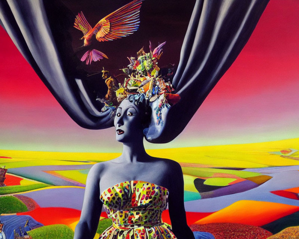Colorful surreal portrait of woman with elaborate headpiece in vibrant landscape with flying bird and draped sky.