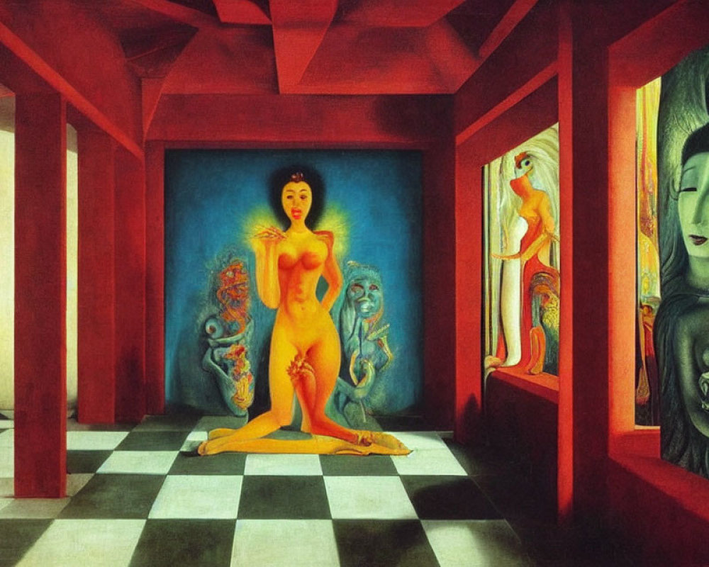 Surrealist painting with nude female figure in checkered hallway