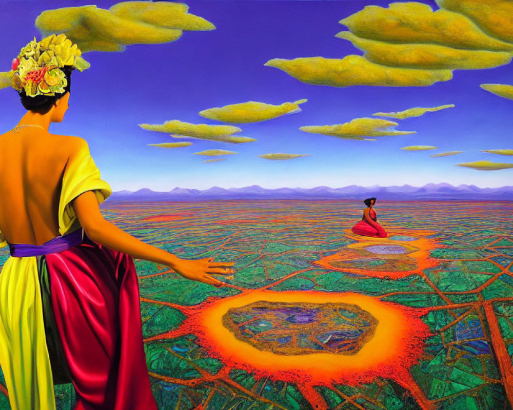 Colorful Skirt Woman in Surreal Landscape with Orange Circles and Yellow Clouds