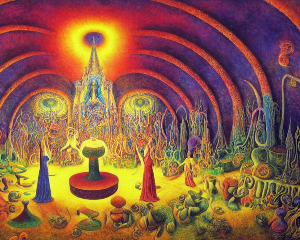 Colorful Psychedelic Painting with Sunburst Sky and Cloaked Figures