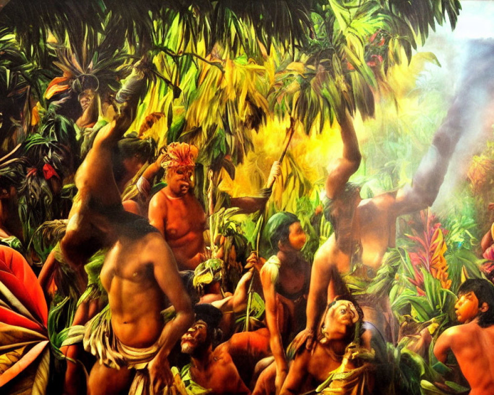Indigenous people celebrating in lush tropical setting