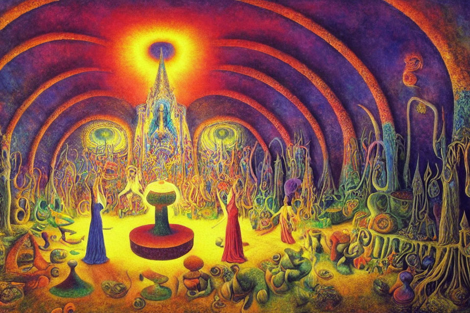 Colorful Psychedelic Painting with Sunburst Sky and Cloaked Figures