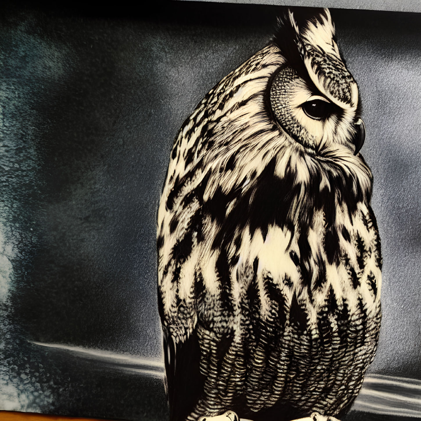 Detailed Black and White Image of Perched Owl with Intricate Feather Patterns