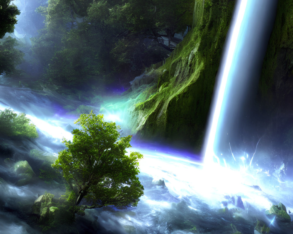Ethereal forest scene with glowing waterfall and misty atmosphere