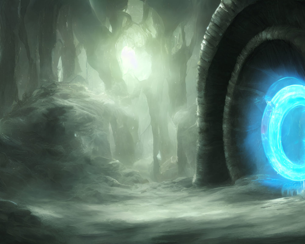 Enchanted forest with mist, green lights, and blue portal in stone archway
