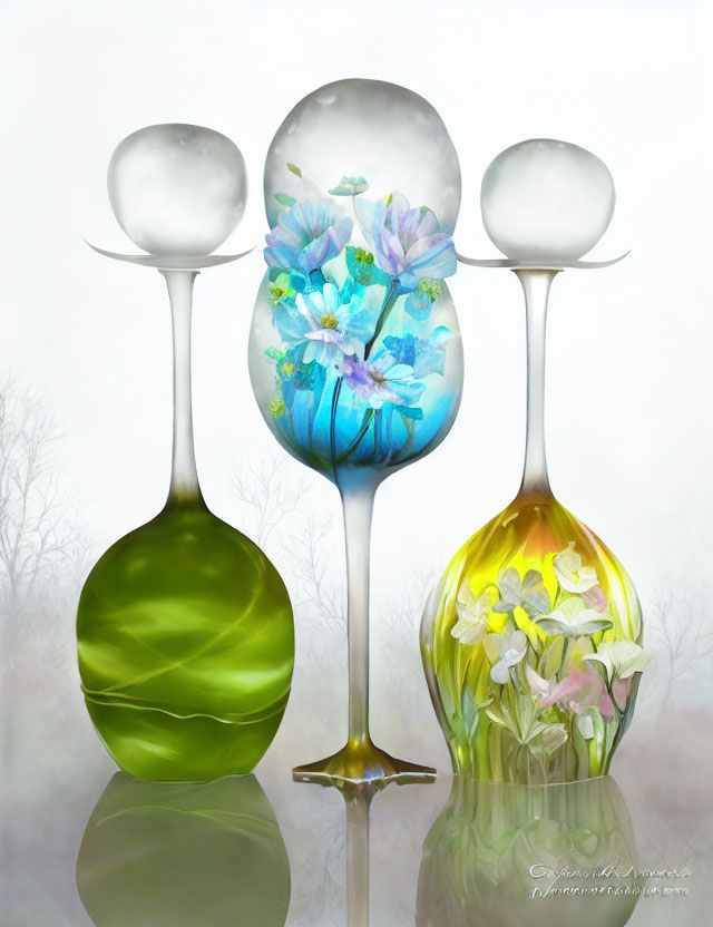 Three elegant glass vases with vibrant flowers on elongated stems against a misty background