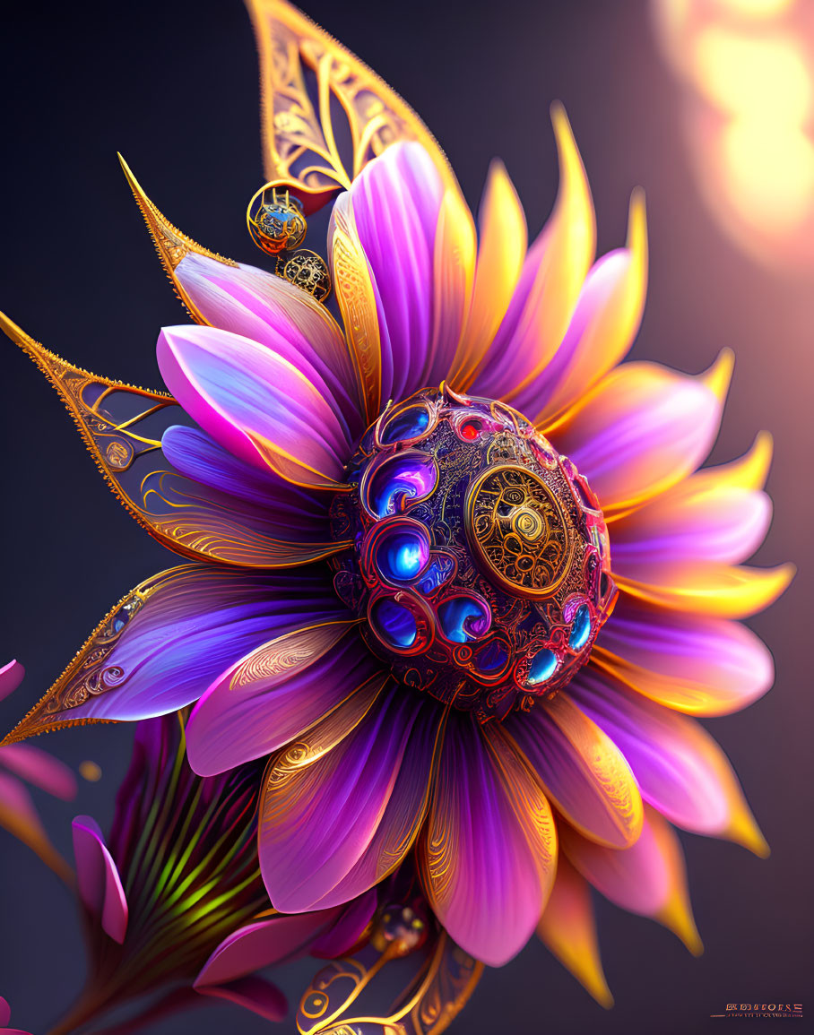 Surreal flower with mechanical and neon elements on dark backdrop