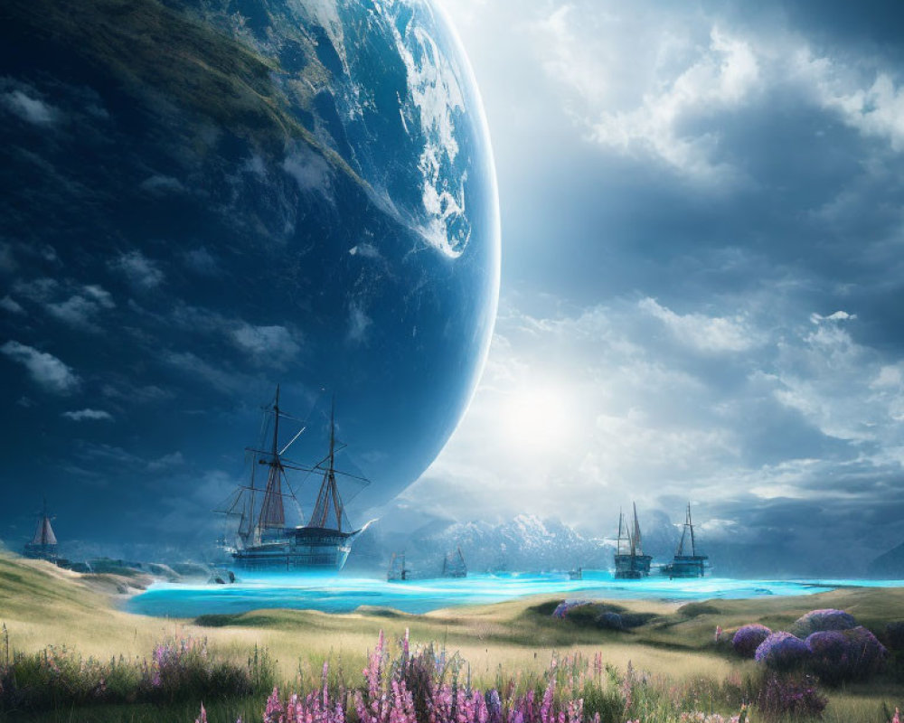 Ships sailing near purple flora under giant planet in serene sea