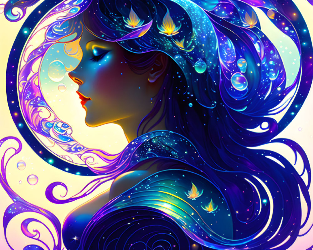 Colorful profile illustration of woman with blue cosmic hair and glowing elements