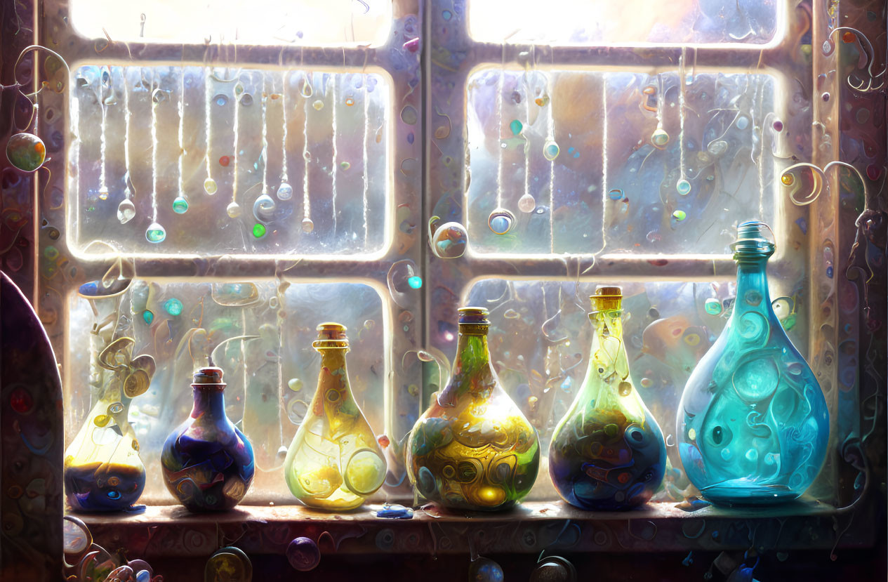 Vibrant glass bottles on sunlit windowsill with refracted light and bubbles.