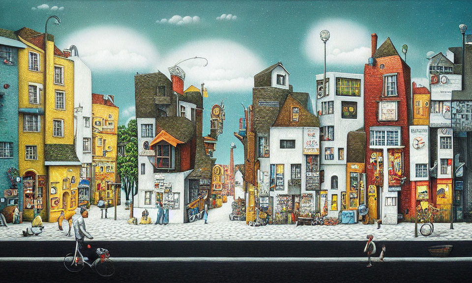 Colorful Whimsical Street Scene with Crooked Buildings & Activities