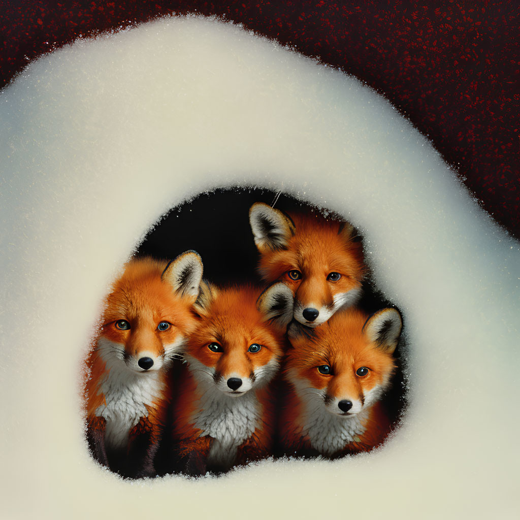 Red foxes peeking through heart-shaped snow opening on dark background
