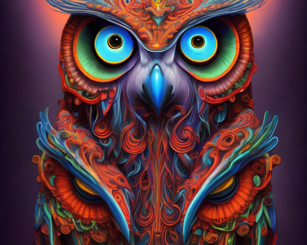 Colorful Owl Illustration with Swirling Patterns and Expressive Eyes