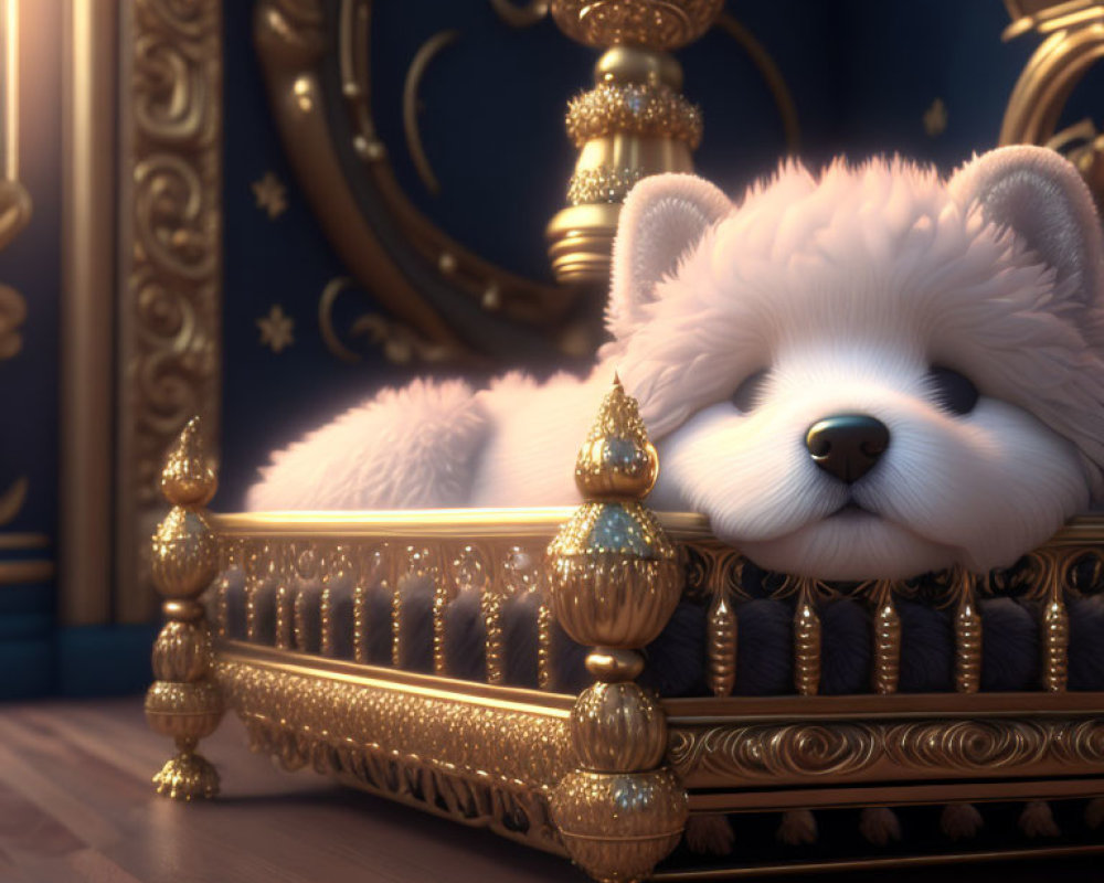 White Fluffy Dog Sleeping on Golden Dog Bed in Luxurious Room