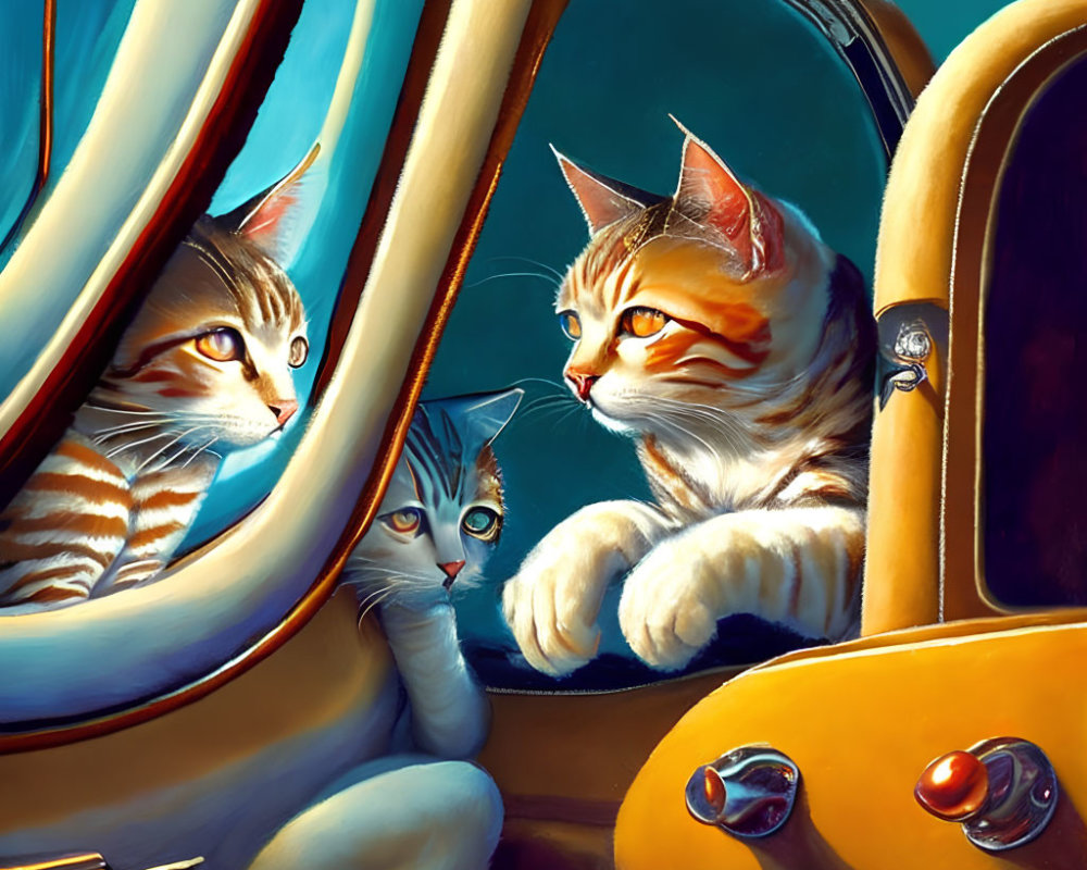 Stylized cats in vintage car with blue background