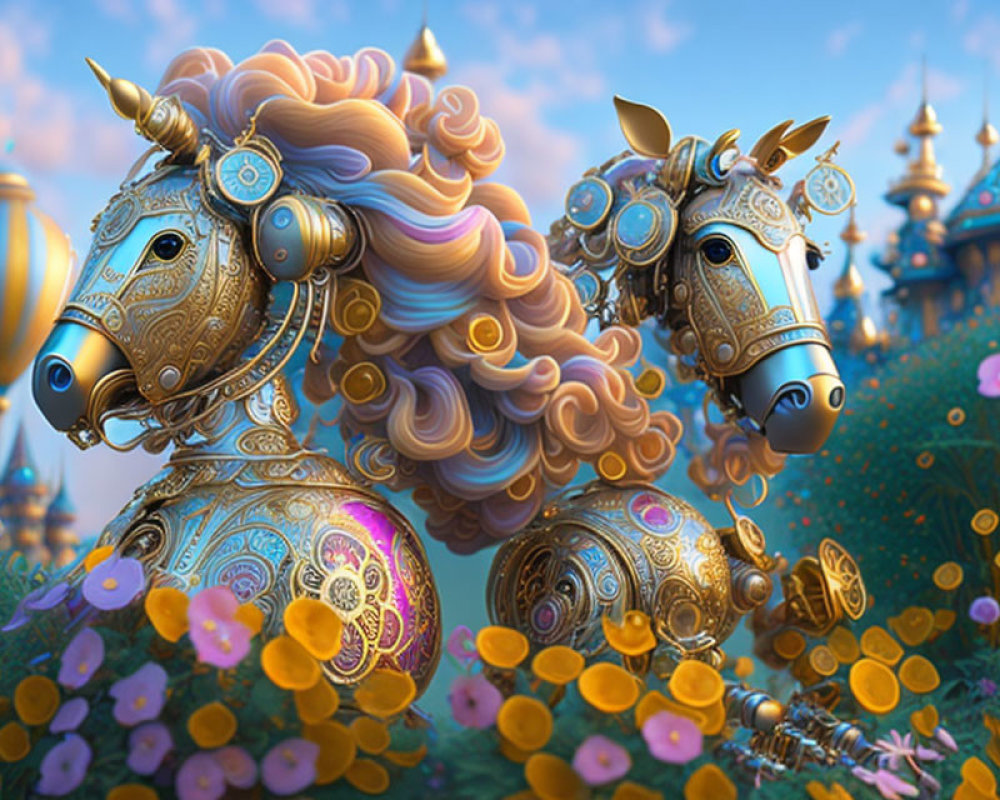 Ornate mechanical horses amidst colorful flowers and fantastical palace backdrop