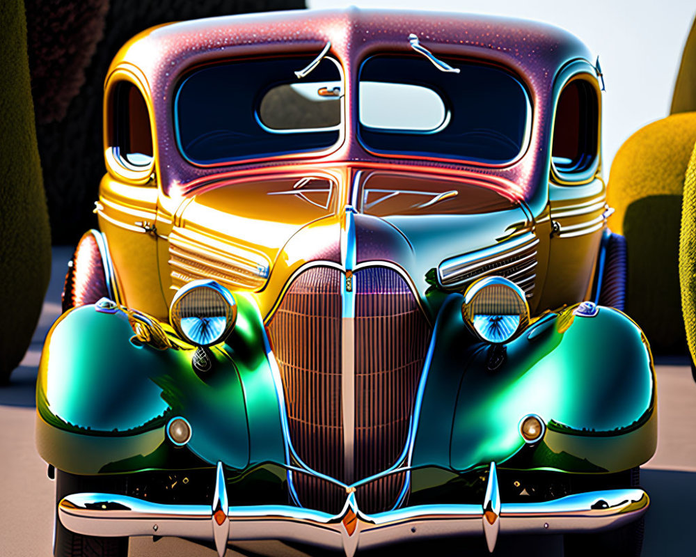 Classic Car with Flamboyant Paint Job and Chrome Detailing parked in front of Art Deco Sty