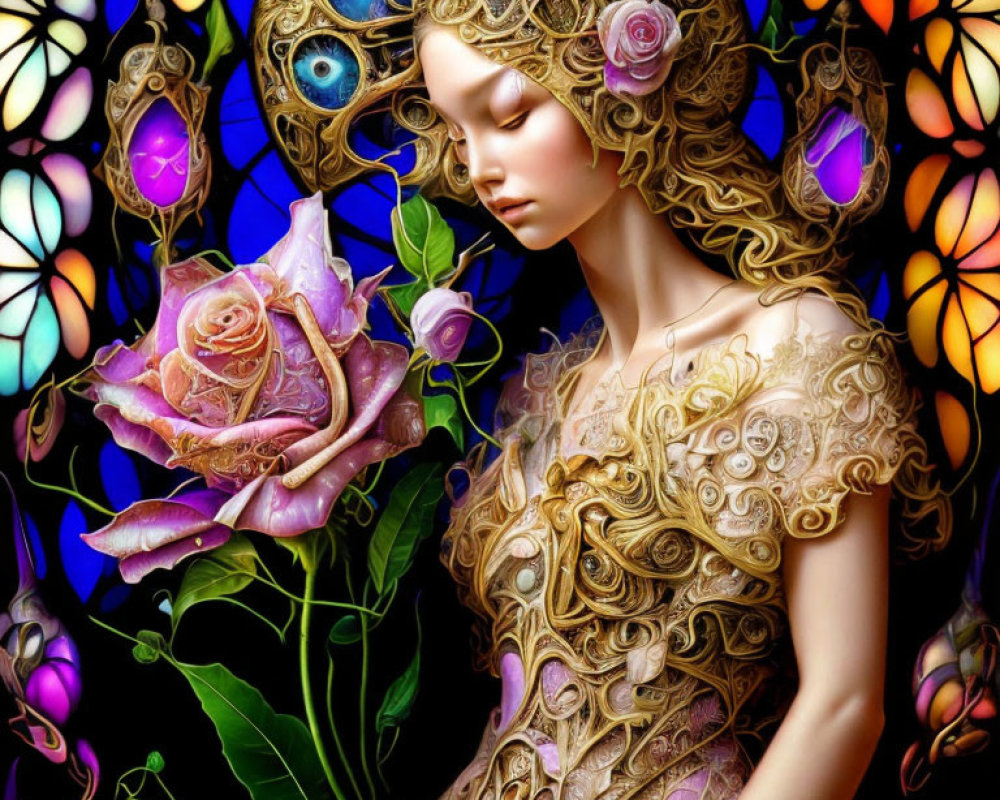 Digital artwork of woman with golden hair and pink rose against stained glass backdrop with peacock motifs
