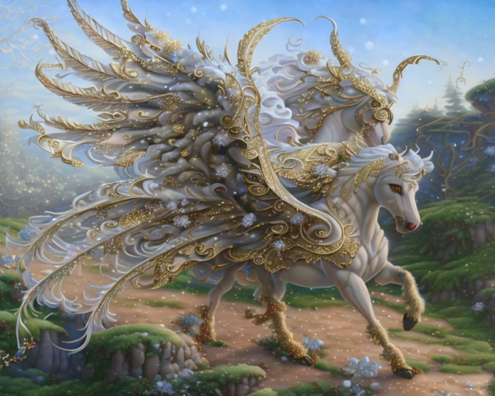 Mythical Pegasus with golden accents in enchanted forest
