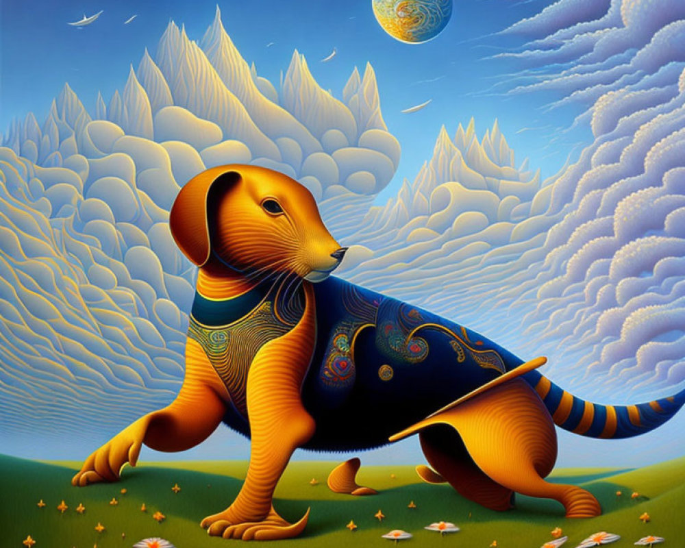 Anthropomorphic dog walking in surreal landscape with floating orb