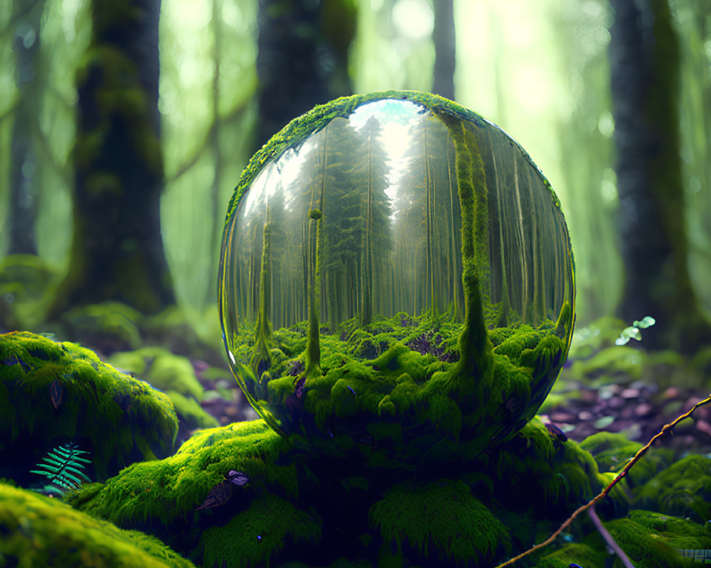 Reflective sphere on mossy ground in misty forest, mirroring trees.