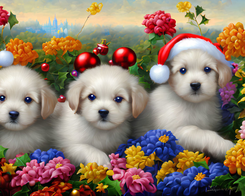 Three Fluffy Puppies in Santa Hat with Christmas Ornaments and Whimsical Castle Background