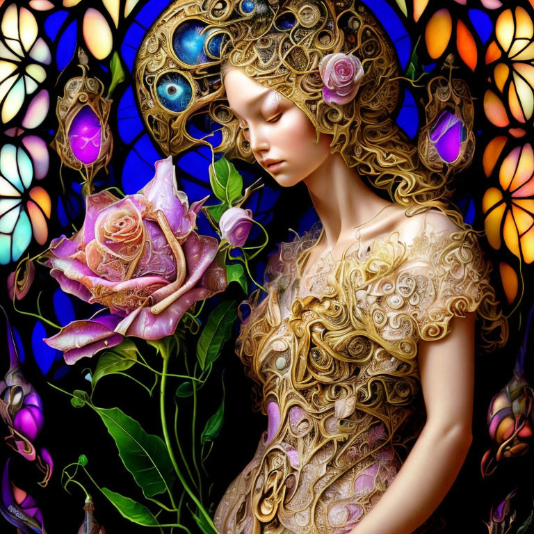 Digital artwork of woman with golden hair and pink rose against stained glass backdrop with peacock motifs