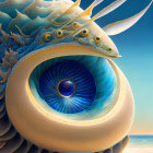 Illustration of stylized eye with peacock feather decorations by ocean waves and sunset sky