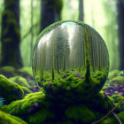 Reflective sphere on mossy ground in misty forest, mirroring trees.