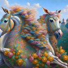 Ornate mechanical horses amidst colorful flowers and fantastical palace backdrop