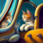 Stylized cats in vintage car with blue background