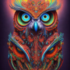 Colorful Owl Illustration with Swirling Patterns and Expressive Eyes