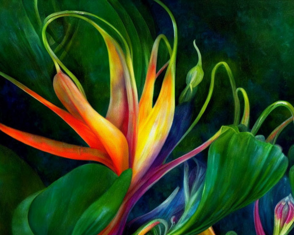 Colorful Bird of Paradise Plant Painting with Orange, Yellow, and Green Hues
