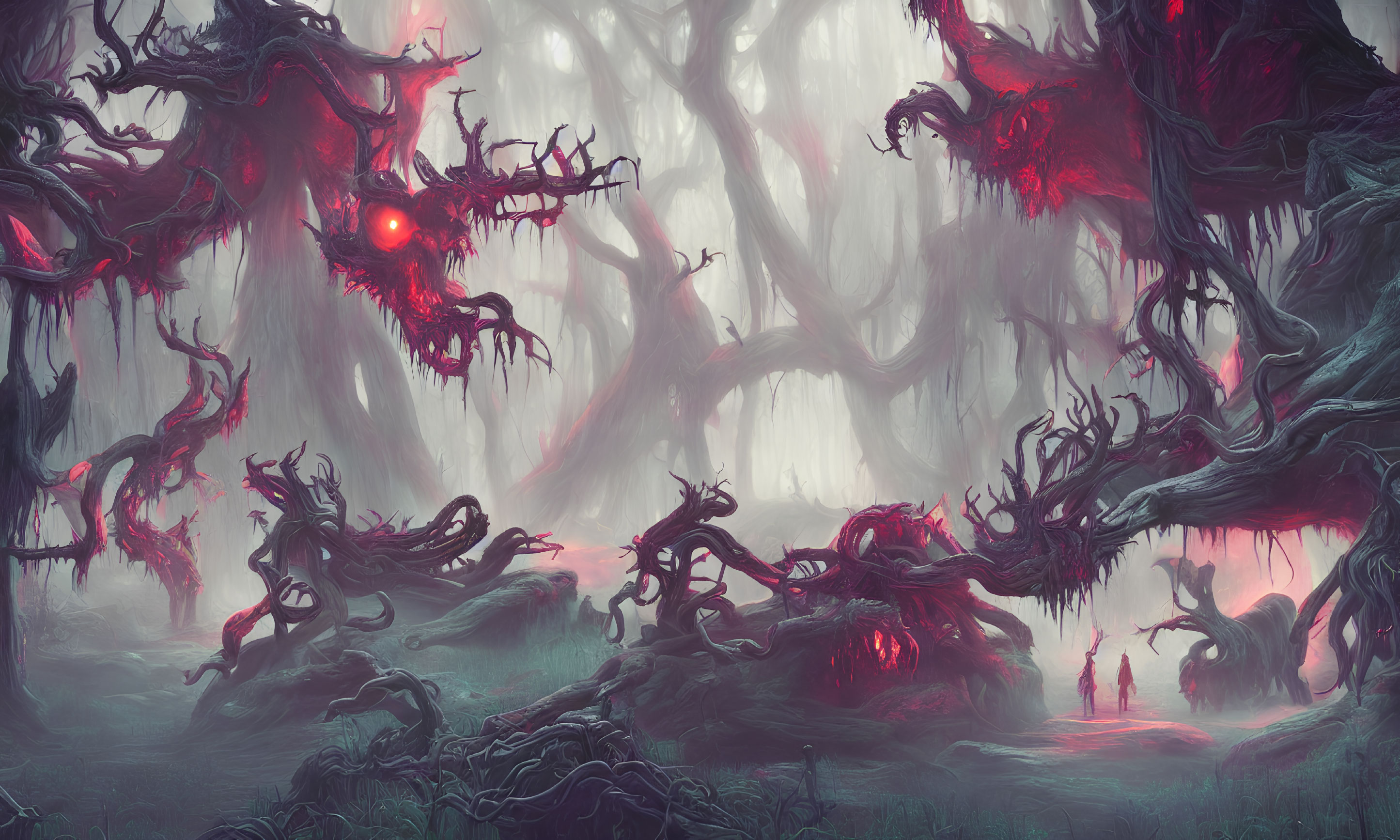 Mystical forest with twisted trees and eerie fog featuring small figures