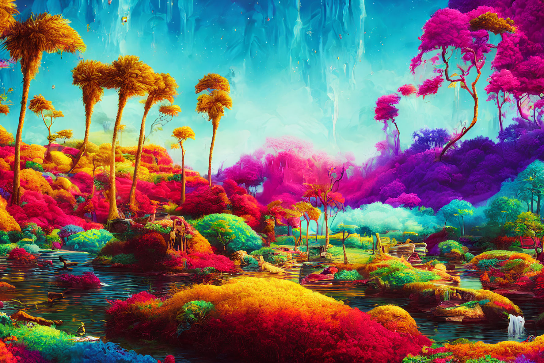 Colorful surreal landscape with trees, pond, and waterfalls under blue sky
