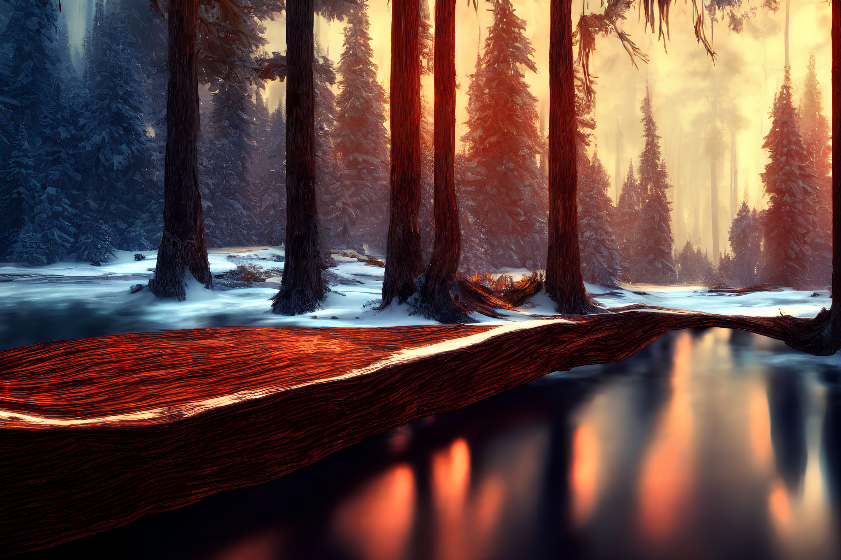 Snow-covered wintry forest with river at sunset