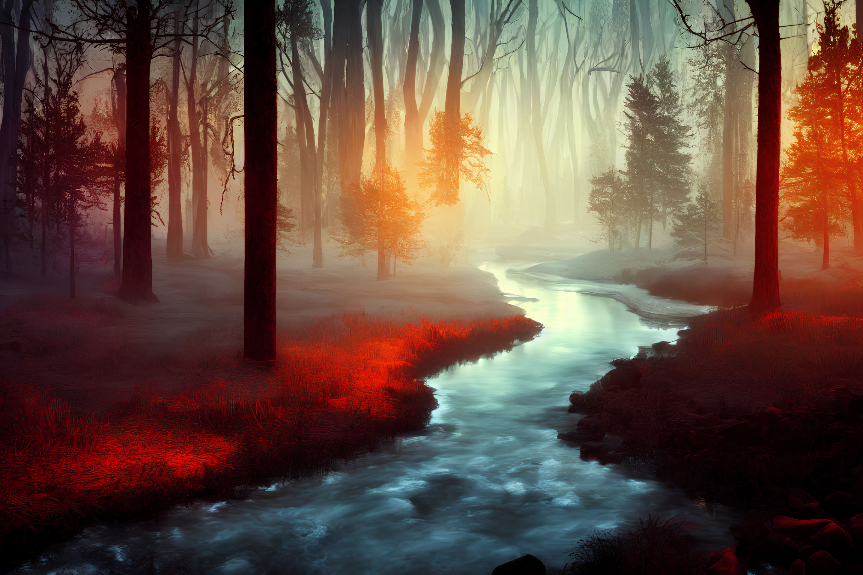 Mystical forest scene with blue stream and red foliage