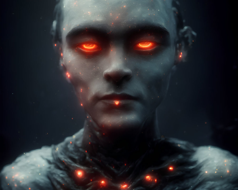 Digital artwork featuring humanoid figure with red eyes and glowing accents on dark skin.