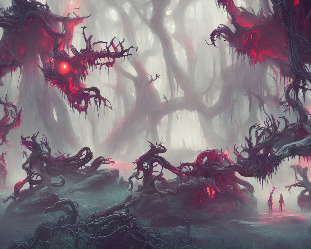 Mystical forest with twisted trees and eerie fog featuring small figures