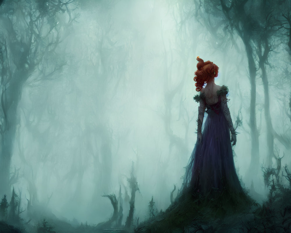 Red-haired woman in purple dress in misty forest with twisted trees