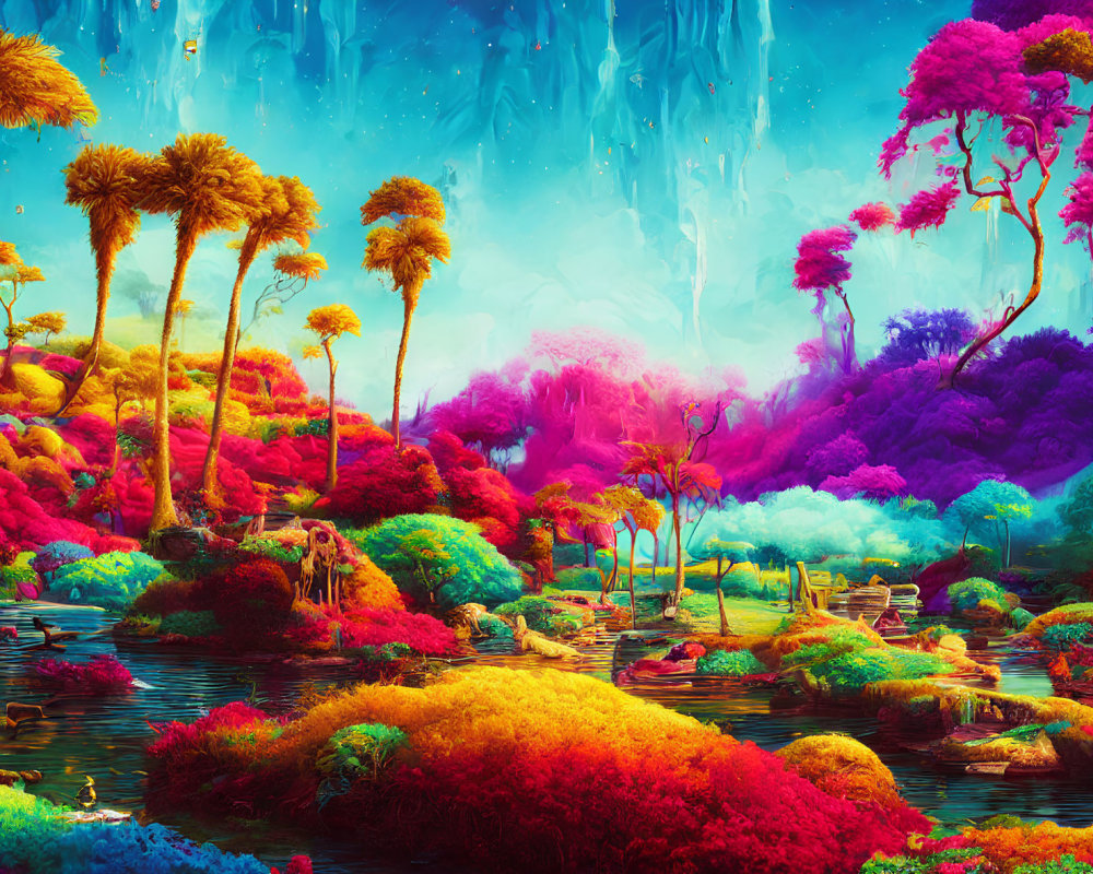 Colorful surreal landscape with trees, pond, and waterfalls under blue sky