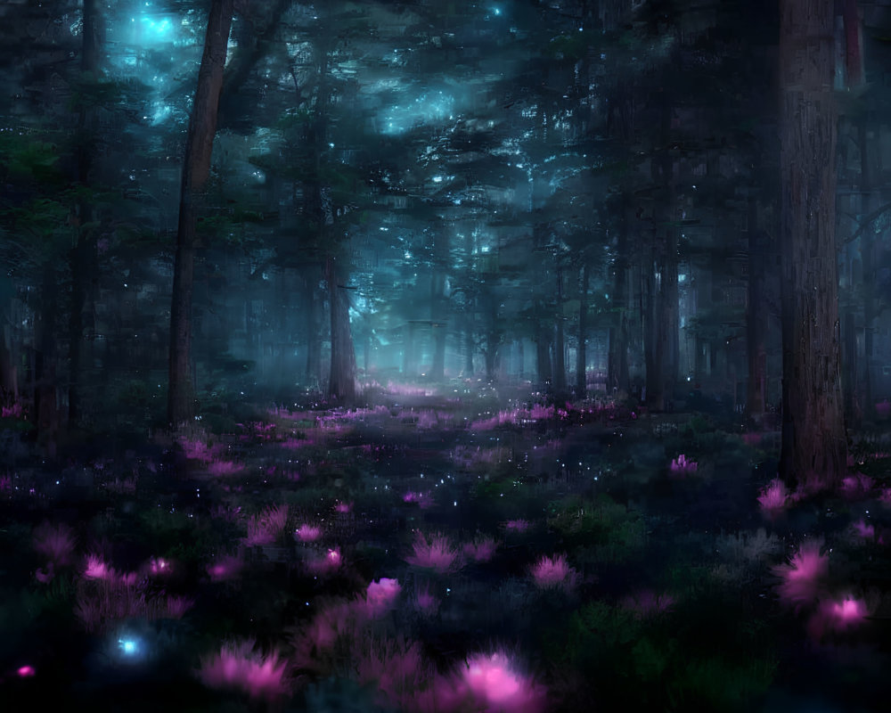 Enchanting night scene in mystical forest with glowing flowers