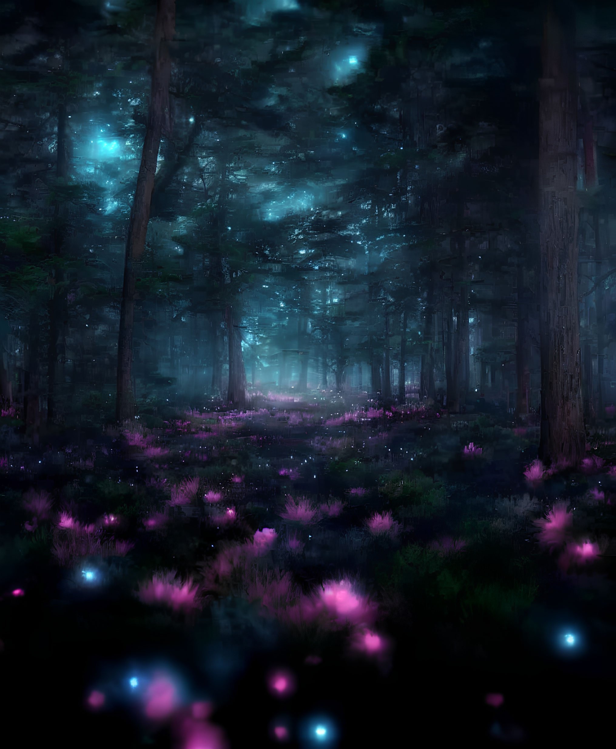 Enchanting night scene in mystical forest with glowing flowers