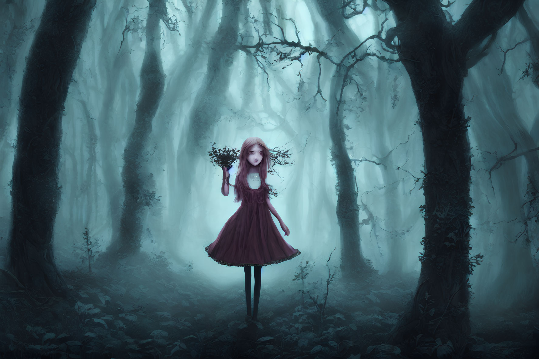 Girl in Red Dress Holding Wreath in Ethereal Blue Forest