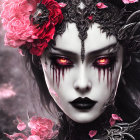 Dark makeup woman with red flowers in hair, eyes closed, surrounded by falling petals.