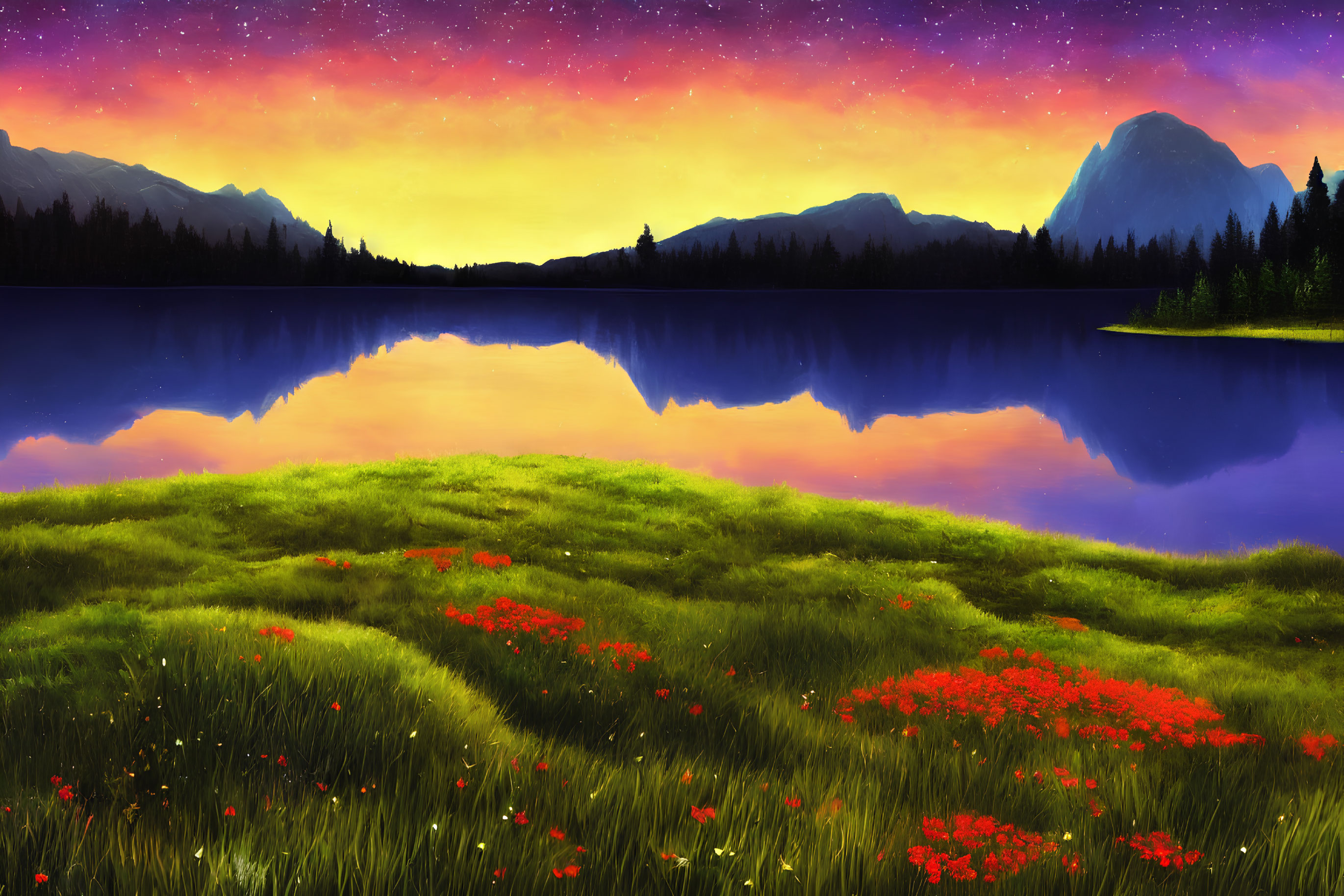 Scenic sunset over tranquil lake with mountains and meadows