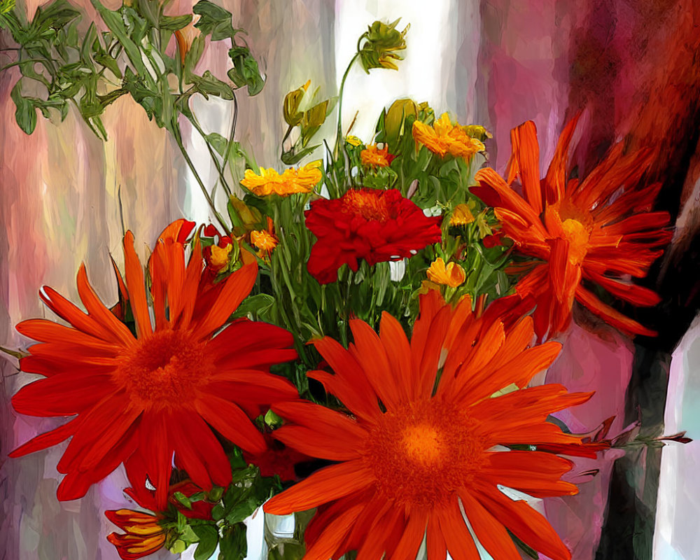 Colorful Digital Painting of Orange and Red Flowers in Glass Vase