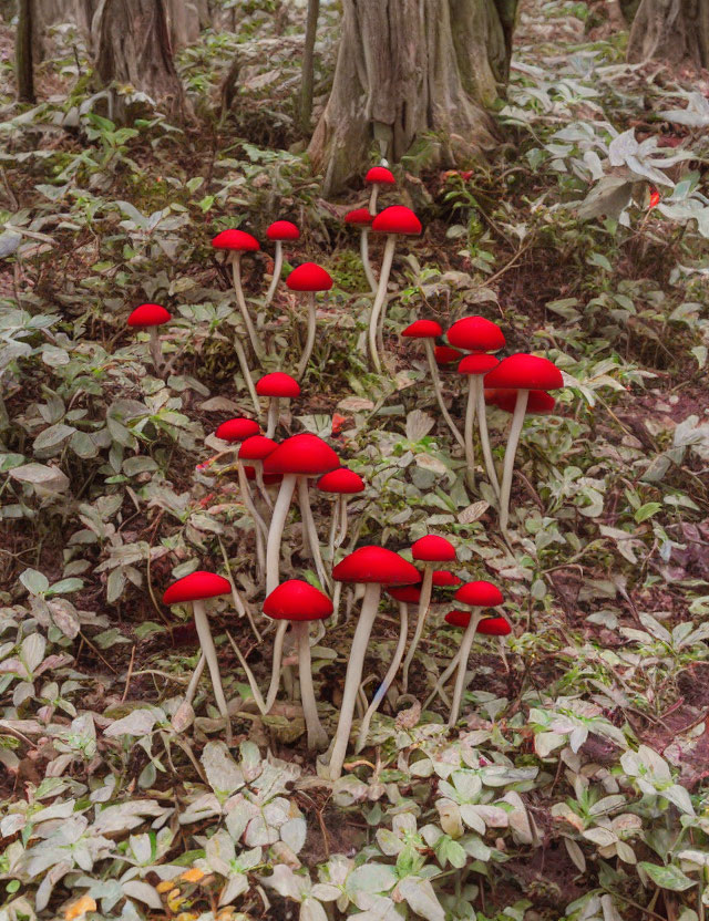 Vibrant red-capped mushrooms in forest setting.