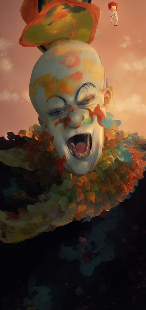 Menacing clown with toothy grin and orange hat in surreal sky